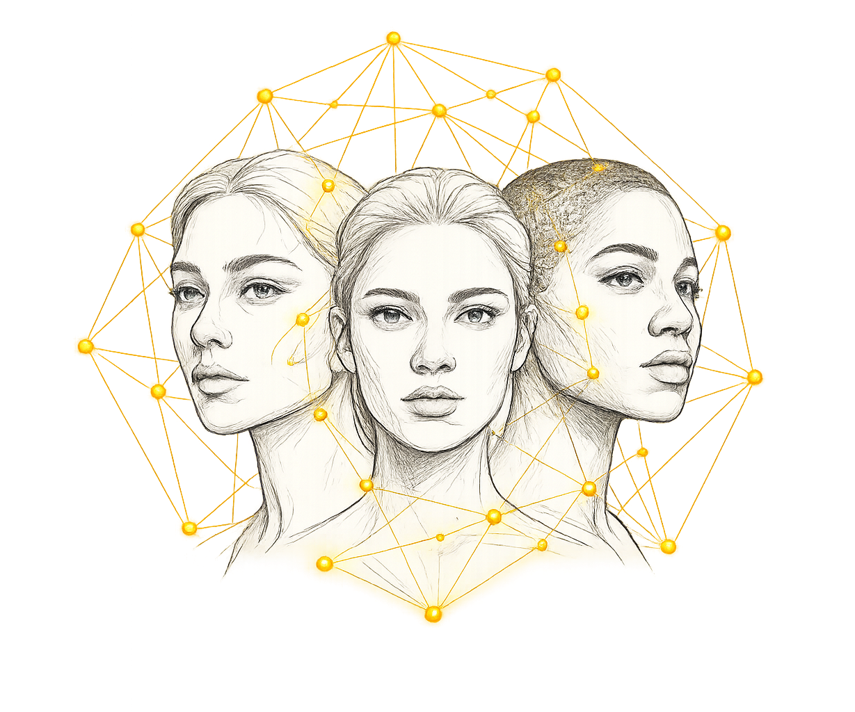 Ilustración de tres rostros conectados por una red neuronal